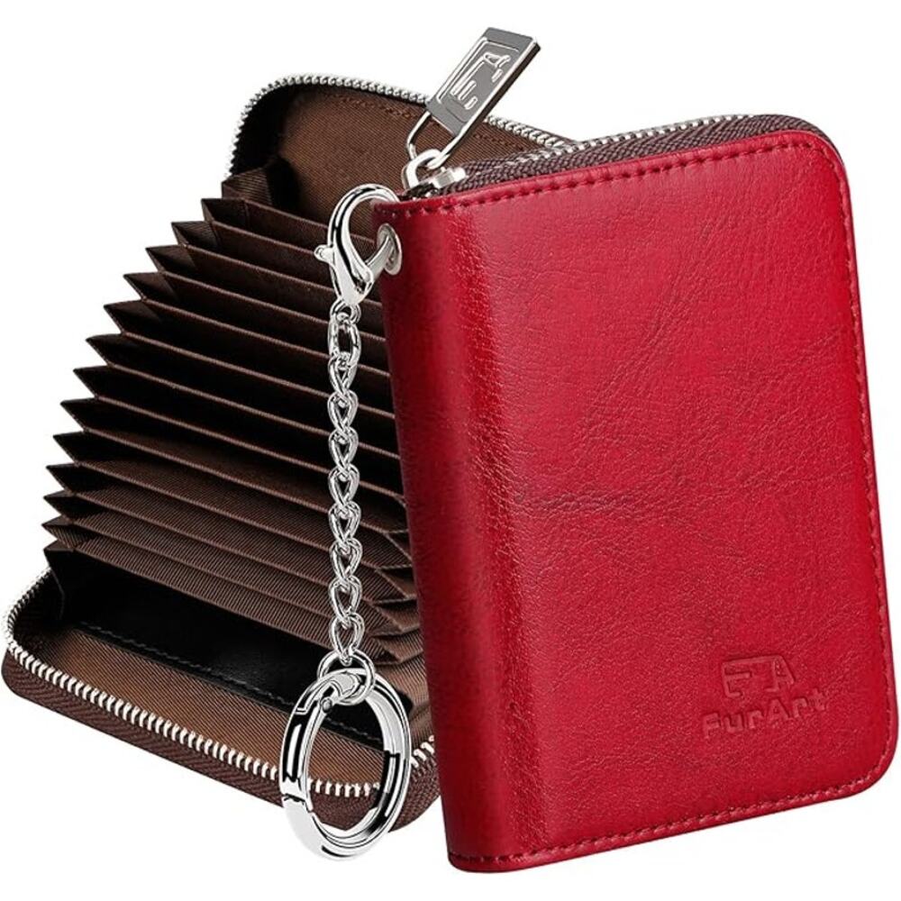 Wallet, RFID Blocking, Cash Credit Business Card Slots Zipper Keychain (Red)